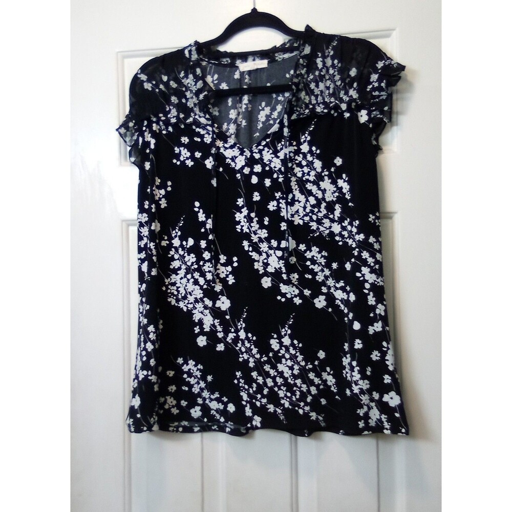 Joie de Vivre Black & White Floral Sleeveless Ruffle Tie Neck Blouse XL